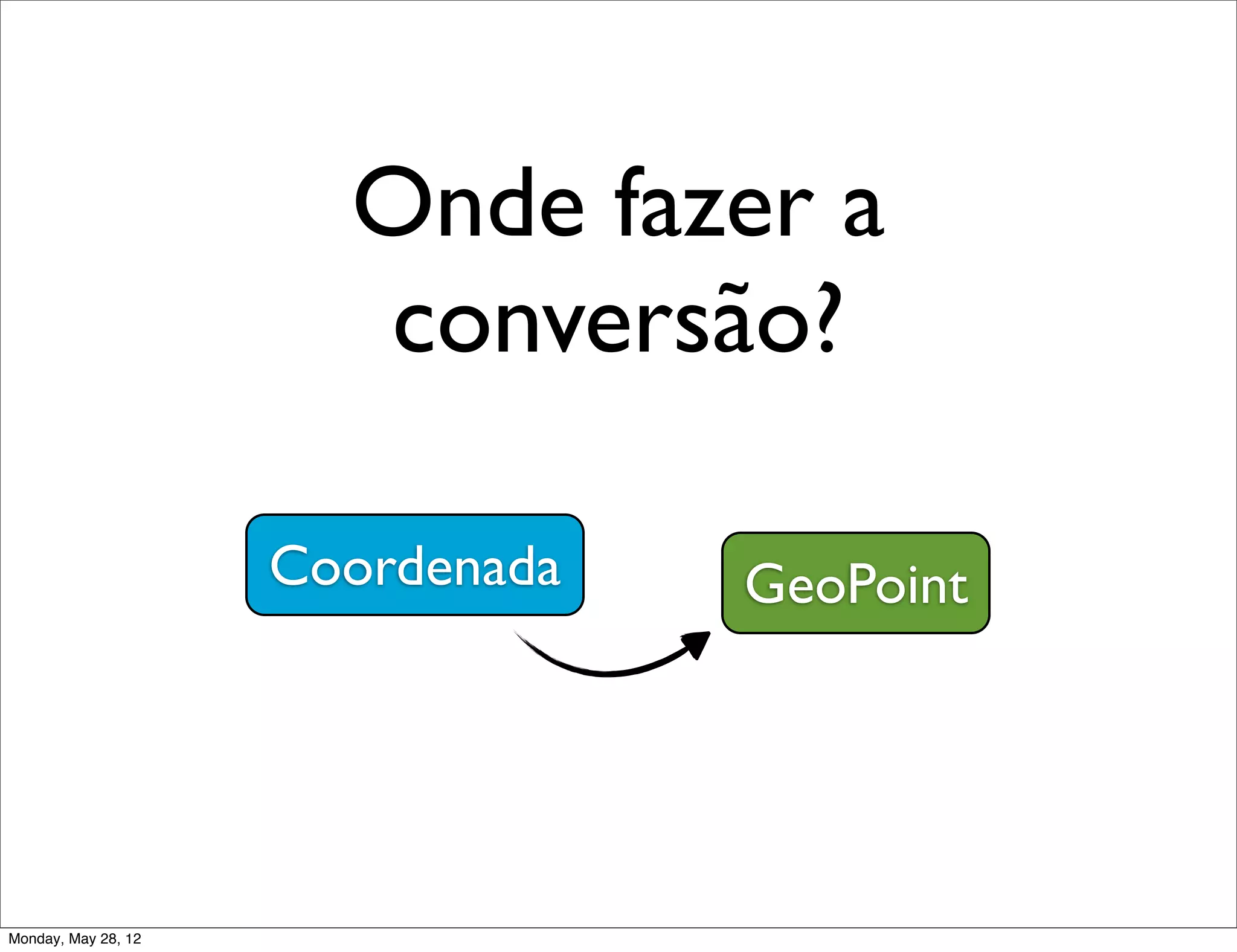 Onde fazer a
                       conversão?

                     Coordenada   GeoPoint




Monday, May 28, 12
 
