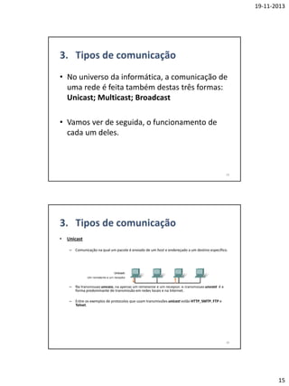 19-11-2013

• No universo da informática, a comunicação de
uma rede é feita também destas três formas:
Unicast; Multicast; Broadcast
• Vamos ver de seguida, o funcionamento de
cada um deles.

29

•

Unicast
– Comunicação na qual um pacote é enviado de um host e endereçado a um destino específico.

– Na transmissão unicast, há apenas um remetente e um receptor. A transmissão unicast é a
forma predominante de transmissão em redes locais e na Internet.
– Entre os exemplos de protocolos que usam transmissões unicast estão HTTP, SMTP, FTP e
Telnet.

30

15

 