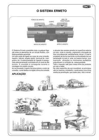 1
O SISTEMA ERMETO
ANTES DO APERTO
O Sistema Ermeto possibilita toda e qualquer liga-
ção entre os elementos de um circuito fluídico, com
estanqueidade garantida.
Um tubo pode ser ligado ao corpo de uma conexão,
registro, válvula, engate rápido, terminal de man-
gueira, etc. A estanqueidade da ligação é assegu-
rada pela penetração controlada de um anel de alta
dureza. A cravação é conseguida durante a
montagem do próprio circuito.
Ao se processar o aperto da porca sobre o corpo da
conexão, o anel desliza na região cônica da conexão
e através das arestas penetra na superfície externa
do tubo, onde é cravado, originando a formação de
friso circunferencial, perfeitamente visível. O anel é
projetado de forma que limita a profundidade da sua
penetração no tubo e, evita, ao mesmo tempo, que
eventuais vibrações ou movimentos oscilatórios
prejudiquem a condição de estanqueidade.
Todo o exposto vale para nossa linha de produtos
em aço e latão.
No caso específico de aço inoxidável, os princípios
são os mesmos, entretanto, o anel possui uma única
aresta de penetração, que neste caso, não é visível.
PORCA DE APERTO ANEL DE
PENETRAÇÃO
APÓS O APERTO
APLICAÇÃO
CORPO
 