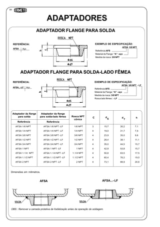 84
Referência:AFS
Material da Flange: “A” - aço
Medida da rosca: 3/8 NPT
ADAPTADORES
ADAPTADOR FLANGE PARA SOLDA
AFSA 3/8 NPT - LF
AFSA Aço
REFERÊNCIA:
Referência:AFS
Material da Flange: “A” - aço
Medida da rosca: 3/8 NPT
Rosca lado fêmea : - LF
EXEMPLO DE ESPECIFICAÇÃO:
Rosca NPT
cônica
Adaptador da flange
para solda C
AFSA 1/8 NPT 1/8 NPT
d
6
Referência
15,73 30,2
Dimensões em milimetros.
ADAPTADOR FLANGE PARA SOLDA-LADO FÊMEA
AFSA 3/8 NPT
Aço
REFERÊNCIA:
EXEMPLO DE ESPECIFICAÇÃO:
AFSA...-LF
Referência
Adaptador da flange
para solda-lado fêmea d
7
h
7,1AFSA 1/8 NPT -LF
AFSA 1/4 NPT 1/4 NPT 19,04 31,7 7,9AFSA 1/4 NPT -LF
AFSA 3/8 NPT 3/8 NPT 23,94 35,0 9,6AFSA 3/8 NPT -LF
AFSA 1/2 NPT 1/2 NPT 28,44 38,1 11,1AFSA 1/2 NPT -LF
AFSA 3/4 NPT 3/4 NPT 35,04 44,5 15,7AFSA 3/4 NPT -LF
AFSA 1 NPT 1 NPT 42,94 53,8 15,7AFSA 1 NPT -LF
AFSA 1.1/4 NPT 1.1/4 NPT 50,84 63,5 17,5AFSA 1.1/4 NPT -LF
AFSA 1.1/2 NPT 1.1/2 NPT 60,44 76,2 19,0AFSA 1.1/2 NPT -LF
AFSA 2 NPT 2 NPT 73,14 88,9 20,6AFSA 2 NPT -LF
OBS.: Remover a camada protetiva de fosfatização antes da operação de soldagem.
AFSA AFSA...- LF
 