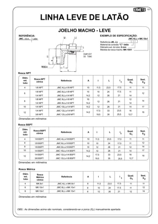 101
Referência:JM...LL
Material da conexão:”C”- latão
Diâmetro ext. do tubo: 6 mm
Medida da rosca macho: MK 10X1
OBS.: As dimensões acima são nominais, considerando-se a porca (S ) manualmente apertada.
JOELHO MACHO - LEVE
JMC 6LL x MK 10x1JMC...LLx... Latão
REFERÊNCIA: EXEMPLO DE ESPECIFICAÇÃO:
Diâm.
ext.
tubo
Dimensões em milímetros
Rosca NPT
cônica
Sext.
S2
4
LINHA LEVE DE LATÃO
Referência A I L Quad.
Q1
1/8 NPT JMC 4LLx1/8 NPT 10 11,5 23,5 11 11
6
1/8 NPT JMC 6LLx1/8 NPT 10 10 24 11
12
1/4 NPT JMC 6LLx1/4 NPT 14,2 12 26 14
1/8 NPT JMC 8LLx1/8 NPT 10
12 26
12
148
1/4 NPT JMC 8LLx1/4 NPT 14,2 14
1/8 NPT 10
12
1/4 NPT JMC 12LLx1/4 NPT
14,2
17,5 33 16
19
3/8 NPT JMC 12LLx3/8 NPT 35 12,7
10 1/4 NPT JMC 10LLx1/4 NPT 14,2 12 26 14 17
Rosca NPT
Diâm.
ext.
tubo
Dimensões em milímetros
Rosca BSPT
cônica
Sext.
S2
4
Referência A I L Quad.
Q1
1/8 BSPT JMC 4LLx1/8 BSPT 10 11,5 23,5 11 11
1/8 BSPT JMC 6LLx1/8 BSPT 10 10 24 11
1/8 BSPT JMC 8LLx1/8 BSPT 10 12 26 12
1/4 BSPT JMC 10LLx1/4 BSPT 14,2 12 26 1410
1/4 BSPT JMC 12LLx1/4 BSPT
14,2
17,5 33 16
12
3/8 BSPT JMC 12LLx1/8 BSPT 12,7
Rosca BSPT
6
8
12
14
17
19
Diâm.
ext.
tubo
Dimensões em milímetros
Rosca
Métrica
cônica
Sext.
S2
4
Referência A I L Quad.
Q1
MK 8x1 JMC 4LL x MK 8x1 8 11,5 23,5 11 11
8 10 24 11
8 12 26 12
Rosca Métrica
6
8
12
14
MK 10x1
MK 10x1
JMC 6LL x MK 10x1
JMC 8LL x MK 10x1
19,5
19,5 35
l
17,5
17,5
21
21
23,5
25,5
21
1
l
17,5
17,5
21
21
23,5
25,5
1
l
17,5
17,5
21
1
2
 