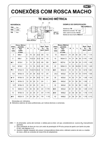 47
Referência: TM
Material da conexão: “A” - aço
Diâm. externo do tubo: 16 mm.
Medida da rosca macho: M22x1,5
11
CONEXÕES COM ROSCA MACHO
TE MACHO MÉTRICA
Inox
TMA Aço
TMC Latão
TMI
REFERÊNCIA:
TMA 16xM22x1,5
EXEMPLO DE ESPECIFICAÇÃO:
I
Diâm.
ext.
tubo
I
Sext.
S
(pol.)
2
Sext.
S
(pol.)
1A
Rosca Métrica
paralela
Aço
Latão
e Inox
L
8 22,516 324 3/8 1/2M8x1
8 22,515,5 325 3/8 1/2M8x1
8 22,515 356 3/8 5/8M10x1
8 22,515 356,4 3/8 5/8M10x1
12 25,516,5 37,58 1/2 11/16M12x1.5
12 30,524 469,5 1/2 3/4M16x1.5
12 30,524 4610 1/2 3/4M16x1.5
12 3122 4512 3/4 1M16x1.5
12 3122 4512,7 3/4 1M18x1.5
14 3830 5314 3/4 1.1/16M20x1.5
12 3122 4515 3/4 1.1/16M18x1.5
14 3425 4916 7/8 1.1/8M22x1.5
I
Diâm.
ext.
tubo
I
Sext.
S
(pol.)
2
Sext.
S
(pol.)
1A
Rosca Métrica
paralela
Aço
Latão
e I nox
L
14 3425 5018 7/8 1.1/4M22x1.5
14 4031 5619 1.1/16 1.3/8M24x1.5
16 4029 5620 1.1/16 1.3/8M27x2
16 4029 56,522 1.1/16 1.3/8M26x1.5
18 5343 7225 1.5/16 1.5/8M33x12
18 5343 7225,4 1.5/16 1.5/8M33x2
18 5442 7128 1.5/8 1.3/4M33x2
20 6051 8230 1.5/8 2M42x2
20 6051 8232 1.5/8 2M42x2
20 6051 8335 1.5/8 2.1/4M42x2
22 6556 9038 1.7/8 2.1/4M48x2
22 6556 9142 1.7/8 2.1/2M48x2
Dimensões em milímetros.
Diâmetros externos de tubos preferenciais, por motivos técnicos e comerciais.
OBS.: 1 - As dimensões acima são nominais e válidas para os itens em aço, considerando-se a porca (S ) manualmente
apertada.
2 - Para solicitação de itens em inox com anéis de penetração AI PH e/ou porcas de aperto com banho de prata
PI AG, vide páginas 4 e 5.
3- Quando a ligação desejada não possuir correspondência direta entre o diâmetro externo de tubo e a medida
da rosca, utilize as conexões da nossa linha de adaptadores.
2
 