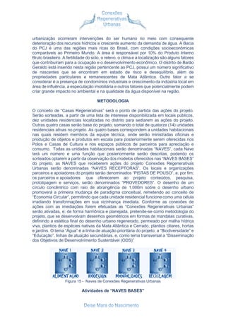 urbanização ocorreram intervenções do ser humano no meio com consequente
deterioração dos recursos hídricos e crescente aumento da demanda de água. A Bacia
do PCJ é uma das regiões mais ricas do Brasil, com condições socioeconômicas
comparáveis ao Primeiro Mundo. A área é responsável por 10% do Produto Interno
Bruto brasileiro. A fertilidade do solo, o relevo, o clima e a localização são alguns fatores
que contribuíram para a ocupação e o desenvolvimento econômico. O distrito de Barão
Geraldo está inserido nesta região pertencente ao PCJ, possui um número significativo
de nascentes que se encontram em estado de risco e desequilíbrio, além de
propriedades particulares e remanescentes de Mata Atlântica. Outro fator a se
considerar é a presença de condomínios industriais e crescimento da indústria local em
área de influência, a especulação imobiliária e outros fatores que potencialmente podem
criar grande impacto no ambiental e na qualidade da água disponível na região.
METODOLOGIA
O conceito de “Casas Regenerativas” será o ponto de partida das ações do projeto.
Serão sorteadas, a partir de uma lista de interesse disponibilizada em locais públicos,
dez unidades residenciais localizadas no distrito para sediarem as ações do projeto.
Outras quatro casas serão base do projeto, somando o total de quatorze (14) unidades
residenciais ativas no projeto. As quatro bases correspondem a unidades habitacionais
nas quais residem membros da equipe técnica, onde serão ministradas oficinas e
produção de objetos e produtos em escala para posteriormente serem oferecidas nos
Polos e Casas de Cultura e nos espaços públicos de parceiros para apreciação e
consumo. Todas as unidades habitacionais serão denominadas “NAVES”, cada Nave
terá um número e uma função que posteriormente serão descritas, podendo os
sorteados optarem a partir da observação dos modelos oferecidos nas “NAVES BASES”
do projeto, as NAVES que receberem ações do projeto Conexões Regenerativas
Urbanas serão denominadas “NAVES RECEPTORAS”. Os locais e organizações
parceiros e apoiadores do projeto serão denominados “PISTAS DE POUSO”, e, por fim;
os parceiros e apoiadores que oferecerem ao projeto conteúdos, pesquisa,
prototipagem e serviços, serão denominados “PROVEDORES”. O desenho de um
círculo concêntrico com raio de abrangência de 1.000m sobre o desenho urbano
promoverá a primeira mudança de paradigma conceitual, remetendo ao conceito de
“Economia Circular”, permitindo que cada unidade residencial funcione como uma célula
irradiando transformações em sua vizinhança imediata. Conforme as conexões de
ações com as imediações forem efetuadas as “Conexões Regenerativas Urbanas”
serão ativadas, e; de forma harmônica e planejada, pretende-se como metodologia do
projeto, que se desenvolvam desenhos geométricos em formas de mandalas curativas,
definindo a estética final do desenho urbano regenerado, permeado por malha hídrica
viva, plantios de espécies nativas da Mata Atlântica e Cerrado, plantios ciliares, hortas
e jardins. O tema “Água” é a linha de atuação prioritária do projeto; a “Biodiversidade” e
“Educação”, linhas de atuação secundárias, e, como tema transversal a “Disseminação
dos Objetivos de Desenvolvimento Sustentável (ODS)”
Figura 15 - Naves de Conexões Regenerativas Urbanas
Atividades de “NAVES BASES”
 