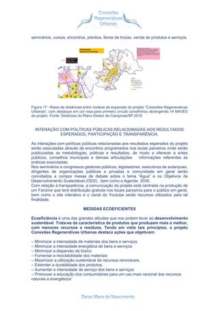 seminários, cursos, encontros, plantios, feiras de trocas, venda de produtos e serviços.
Figura 17 - Raios de distâncias entre núcleos de expansão do projeto “Conexões Regenerativas
Urbanas”, com destaque em cor rosa para primeiro círculo concêntrico abrangendo 14 NAVES
do projeto. Fonte: Diretrizes do Plano Diretor de Campinas/SP 2016
INTERAÇÃO COM POLÍTICAS PÚBLICAS RELACIONADAS AOS RESULTADOS
ESPERADOS, PARTICIPAÇÃO E TRANSPARÊNCIA.
As interações com políticas públicas relacionadas aos resultados esperados do projeto
serão executadas através de encontros programados nos locais parceiros onde serão
publicizadas as metodologias, práticas e resultados, de modo a oferecer a entes
públicos, conselhos municipais e demais articulações informações referentes às
práticas executadas.
Nos seminários e congressos gestores públicos, legisladores, executivos de autarquias,
dirigentes de organizações públicas e privadas e comunidade em geral serão
convidados a compor mesas de debate sobre o tema “Água” e os Objetivos de
Desenvolvimento Sustentável (ODS) , bem como a Agenda 2030.
Com relação à transparência, a comunicação do projeto está centrada na produção de
um Fanzine que terá distribuição gratuita nos locais parceiros para o público em geral,
bem como o site interativo e o canal do Youtube serão recursos utilizados para tal
finalidade.
MEDIDAS ECOEFICIENTES
Ecoeficiência é uma das grandes atitudes que nos podem levar ao desenvolvimento
sustentável. Trata-se da característica de produtos que produzem mais e melhor,
com menores recursos e resíduos. Tendo em vista tais princípios, o projeto
Conexões Regenerativas Urbanas destaca ações que objetivam:
– Minimizar a intensidade de materiais dos bens e serviços
– Minimizar a intensidade energética de bens e serviços
– Minimizar a dispersão de tóxico
– Fomentar a reciclabilidade dos materiais
– Maximizar a utilização sustentável de recursos renováveis.
– Estender a durabilidade dos produtos.
– Aumentar a intensidade de serviço dos bens e serviços
– Promover a educação dos consumidores para um uso mais racional dos recursos
naturais e energéticos”
 