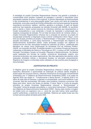 A estratégia do projeto Conexões Regenerativas Urbanas visa garantir a proteção e
conectividade entre porções nucleares da paisagem e permitir o intercâmbio entre
populações isoladas da fauna e flora regional. A grande degradação da biodiversidade
e dos ecossistemas é uma preocupação global, pois causa uma série de problemas
ambientais, entre eles a perda de funções ambientais e de inúmeras espécies de grande
importância econômica, estética, científica, genética e ecológica. A partir do estudo
preliminar das espécies ameaçadas de extinção fornecida pelo IBAMA, foi escolhido
para o plantio o maior número possível de indivíduos arbóreos que desempenhem a
função ecossistêmica e que contemple a função de reposição e preservação das
espécies ameaçadas de extinção. Por se tratar de áreas dentro do contexto urbano, o
projeto Conexões Regenerativas Urbanas traz a proposta de associar ao projeto de
recuperação ambiental, a integração social e cultural enfatizando o tema “Água”, como
linha de atuação prioritária do projeto; a “Biodiversidade” e “Educação”, como linhas de
atuação secundárias, e, como tema transversal, a “Disseminação dos Objetivos de
Desenvolvimento Sustentável (ODS)”. Estas atividades constam nos objetivos do
Instituto Árvore da Vida, associação fundada em setembro de 2005 e qualificada pelo
Ministério da Justiça como Organização da Sociedade Civil de Interesse Público,
OSCIP, em novembro de 2005. A entidade também é um Instituto Privado de Pesquisa,
cadastrado no Ministério da Ciência e Tecnologia em 2011, e possui um NIT, Núcleo de
Inovação Tecnológica, focado na Inovação, Pesquisa e Desenvolvimento. Os plantios
serão realizados em formato de mutirão, incluindo-se alimentação coletiva com
alimentos produzidos nas casas regenerativas. Nos dias agendados aos plantios serão
realizadas atividades lúdicas e recreativas focadas na educação socioambiental.
Registros de imagens e entrevistas serão coletados em tais eventos para divulgação e
documentação.
JUSTIFICATIVA DO PROJETO
O Objetivo geral do projeto Conexões Regenerativas Urbanas é atingir um público
específico oferecendo a oportunidade de realização de práticas diárias dirigidas à
preservação dos recursos hídricos, utilizando mecanismos de educação socioambiental
embasados nos 17 Objetivos de Desenvolvimento Sustentável (ODS), e as metas da
Agenda 2030 cujo slogan é:- “Transformando o Nosso Mundo”. A Agenda 2030 é um
plano de ação para as pessoas, o planeta e a prosperidade, que busca fortalecer a paz
universal, nela são enumeradas 169 metas, para erradicar a pobreza e promover vida
digna para todos, dentro dos limites do planeta. O tema “Água” é a linha de atuação
prioritária do projeto Conexões Regenerativas Urbanas; a “Biodiversidade” e
“Educação”, linhas de atuação secundárias, e, como tema transversal a “Disseminação
dos Objetivos de Desenvolvimento Sustentável (ODS)”. Nossa visão remete à imagem
da cidade como um organismo vivo, e , como tal, sua rede hídrica, tanto superficial,
quanto subterrânea, a essência de sua vitalidade. Optamos por ações locais que irão
compor parceria global almejada pelos ODS.
Figura 1 - Pirâmide dos ODS. Fonte: http://www.agenda2030.org.br/sobre/
 