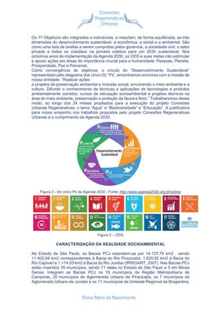 Os 17 Objetivos são integrados e indivisíveis, e mesclam, de forma equilibrada, as três
dimensões do desenvolvimento sustentável: a econômica, a social e a ambiental. São
como uma lista de tarefas a serem cumpridas pelos governos, a sociedade civil, o setor
privado e todos os cidadãos na jornada coletiva para um 2030 sustentável. Nos
próximos anos de implementação da Agenda 2030, os ODS e suas metas irão estimular
e apoiar ações em áreas de importância crucial para a humanidade: Pessoas, Planeta,
Prosperidade, Paz e Parcerias.
Como convergência de objetivos, o círculo do “Desenvolvimento Sustentável”
representado pelo diagrama dos cinco (5) “Ps”, encontramos sincronia com a missão de
nossa entidade: “Realizar ações
e projetos de preservação ambiental e inclusão social, envolvendo o meio ambiente e a
cultura. Difundir o conhecimento de técnicas e aplicações de tecnologias e produtos
ambientalmente corretos, cursos de educação socioambiental e projetos técnicos na
área do meio ambiente, preservação e proteção da fauna e flora.” Trabalharemos desse
modo, ao longo dos 24 meses projetados para a execução do projeto Conexões
Urbanas Regenerativas, o tema “Água” a “Biodiversidade” e “Educação”. A justificativa
para nosso empenho nos trabalhos propostos pelo projeto Conexões Regenerativas
Urbanas é o cumprimento da Agenda 2030.
Figura 2 - Os cinco Ps da Agenda 2030 - Fonte: http://www.agenda2030.org.br/sobre/
Figura 3 – ODS
CARACTERIZAÇÃO DA REALIDADE SOCIOAMBIENTAL
No Estado de São Paulo, as Bacias PCJ estendem-se por 14.137,79 km2 , sendo
11.402,84 km2 correspondentes à Bacia do Rio Piracicaba, 1.620,92 km2 à Bacia do
Rio Capivari e 1.114,03 km2 à Bacia do Rio Jundiaí (IRRIGART, 2007). Nas Bacias PCJ
estão inseridos 76 municípios, sendo 71 deles no Estado de São Paulo e 5 em Minas
Gerais. Integram as Bacias PCJ os 19 municípios da Região Metropolitana de
Campinas, 20 municípios do Aglomerado Urbano de Piracicaba, os 7 municípios do
Aglomerado Urbano de Jundiaí e os 11 municípios da Unidade Regional da Bragantina.
 