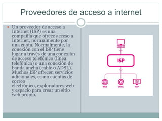 Proveedores de acceso a internetUn proveedor de acceso a Internet (ISP) es una compañía que ofrece acceso a Internet, normalmente por una cuota. Normalmente, la conexión con el ISP tiene lugar a través de una conexión de acceso telefónico (línea telefónica) o una conexión de banda ancha (cable o ADSL). Muchos ISP ofrecen servicios adicionales, como cuentas de correo electrónico, exploradores web y espacio para crear un sitio web propio.
