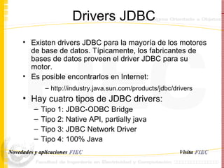 Drivers JDBC Existen drivers JDBC para la mayoría de los motores de base de datos. Típicamente, los fabricantes de bases de datos proveen el driver JDBC para su motor.  Es posible encontrarlos en Internet: http://industry.java.sun.com/products/jdbc/drivers Hay cuatro tipos de JDBC drivers: Tipo 1: JDBC-ODBC Bridge Tipo 2: Native API, partially java Tipo 3: JDBC Network Driver Tipo 4: 100% Java  Visita   FIEC Novedades y aplicaciones  FIEC 