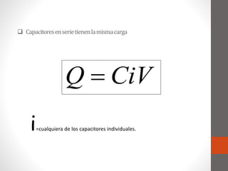  Capacitoresenserietienenlamismacarga
CiVQ 
i=cualquiera de los capacitores individuales.
 