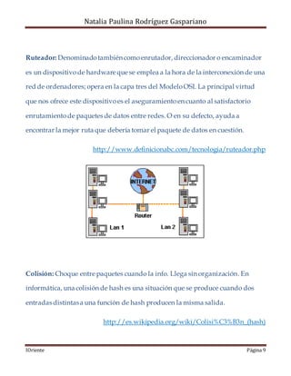 Natalia Paulina Rodríguez Gaspariano
IOriente Página 9
Ruteador: Denominadotambién comoenrutador, direccionador o encaminador
es un dispositivode hardware que se emplea a la hora de la interconexión de una
red de ordenadores; opera en la capa tres del ModeloOSI. La principal virtud
que nos ofrece este dispositivoes el aseguramientoen cuanto al satisfactorio
enrutamientode paquetes de datos entre redes. O en su defecto, ayuda a
encontrar la mejor ruta que debería tomar el paquete de datos en cuestión.
http://www.definicionabc.com/tecnologia/ruteador.php
Colisión: Choque entre paquetes cuando la info. Llega sin organización. En
informática, una colisión de hash es una situación que se produce cuando dos
entradas distintasa una función de hash producen la misma salida.
http://es.wikipedia.org/wiki/Colisi%C3%B3n_(hash)
 