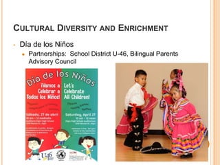 CULTURAL DIVERSITY AND ENRICHMENT 
• Día de los Niños 
● Partnerships: School District U-46, Bilingual Parents 
Advisory Council 
 