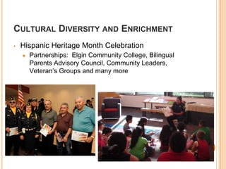 CULTURAL DIVERSITY AND ENRICHMENT 
• Hispanic Heritage Month Celebration 
● Partnerships: Elgin Community College, Bilingual 
Parents Advisory Council, Community Leaders, 
Veteran’s Groups and many more 
 