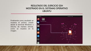 RESULTADO DEL EJERCICIO SSH
MOSTRADO EN EL SISTEMAS OPERATIVO
UBUNTU
Finalmente como resultado se
muestra el archivo creado
desde la terminal Windows a
Ubuntu de manera remota,
como se muestra en la
imagen.
 