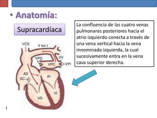 • Anatomía:
                 La confluencia de las cuatro venas
 Supracardíaca   pulmonares posteriores hacia el
                 atrio izquierdo conecta a través de
                 una vena vertical hacia la vena
                 innominada izquierda, la cual
                 sucesivamente entra en la vena
                 cava superior derecha.
 