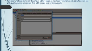  Para crear una tabla damos clic derecho en tables y luego en new table y tendremos esta pantalla donde nos
pide que insertemos un nombre de la tabla en este caso se llama usuario.
 