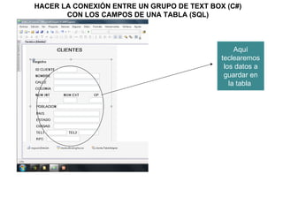 HACER LA CONEXIÓN ENTRE UN GRUPO DE TEXT BOX (C#) CON LOS CAMPOS DE UNA TABLA (SQL) Aquí teclearemos los datos a guardar en la tabla  