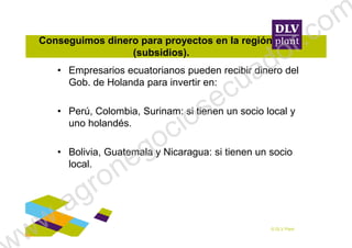 • Empresarios ecuatorianos pueden recibir dinero del
Gob. de Holanda para invertir en:
• Perú, Colombia, Surinam: si tienen un socio local y
uno holandés.
Conseguimos dinero para proyectos en la región
(subsidios).
© DLV Plant
uno holandés.
• Bolivia, Guatemala y Nicaragua: si tienen un socio
local.
ww.agronegociosecuador.com
 