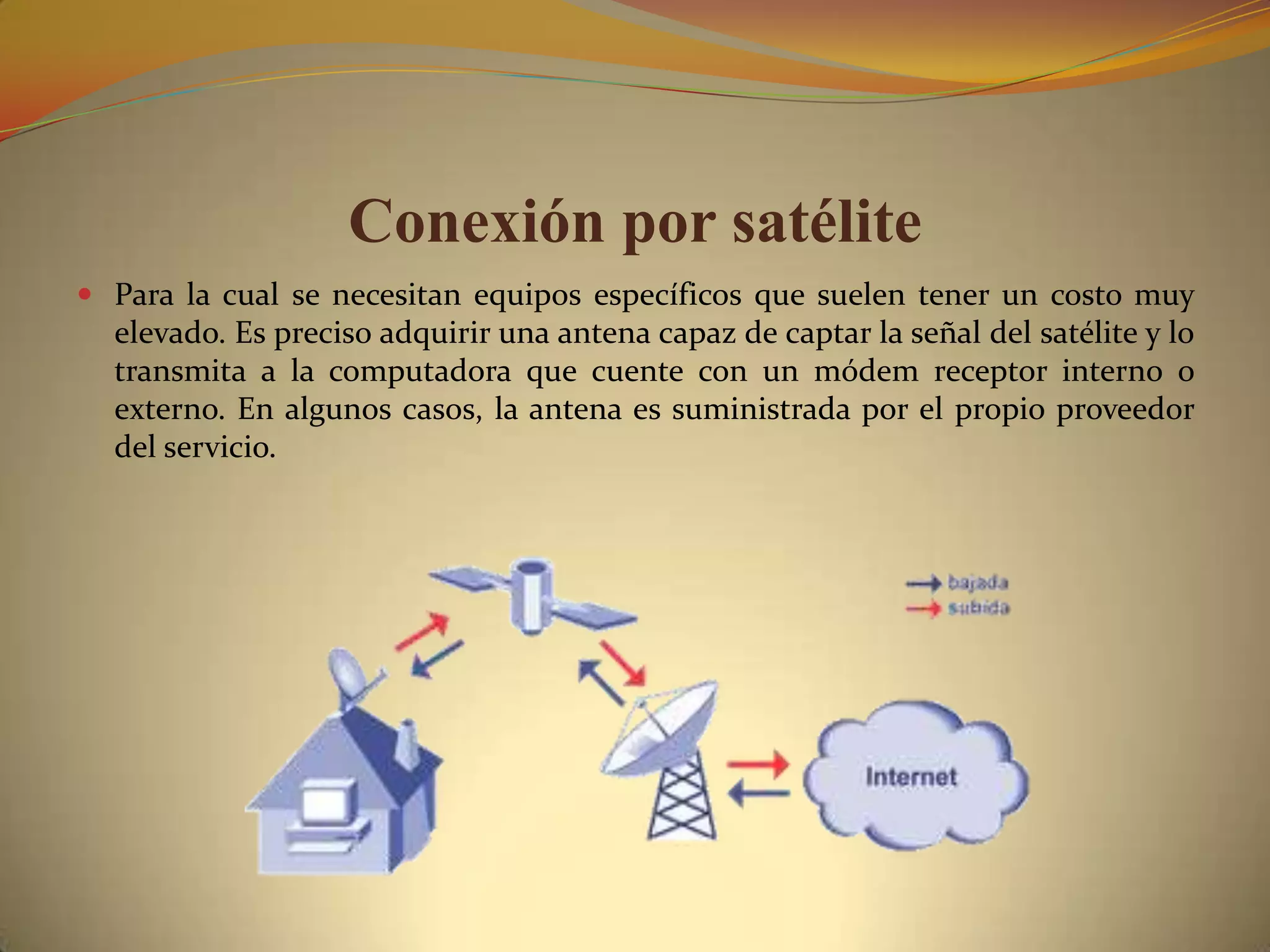 Conexión por satélite
 Para la cual se necesitan equipos específicos que suelen tener un costo muy
  elevado. Es preciso adquirir una antena capaz de captar la señal del satélite y lo
  transmita a la computadora que cuente con un módem receptor interno o
  externo. En algunos casos, la antena es suministrada por el propio proveedor
  del servicio.
 