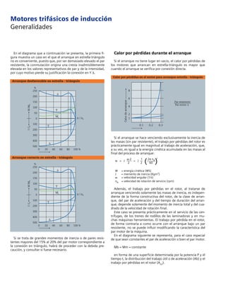 Motores trifásicos de inducción
Generalidades
En el diagrama que a continuación se presenta, la primera fi-
gura muestra un caso en el que el arranque en estrella-triángulo
no es conveniente, puesto que, por ser demasiado elevado el par
resistente, la conmutación origina una cresta inadmisiblemente
elevada en los valores representativos de par y de la intensidad,
por cuyo motivo pierde su justificación la conexión en Y ∆.
Si se trata de grandes momentos de inercia o de pares resis-
tentes mayores del 15% al 20% del par motor correspondiente a
la conexión en triángulo, habrá de proceder con la debida pre-
caución, y consultar si fuese necesario.
Arranque desfavorable en estrella - triángulo
%
250
200
150
100
50
0
100
200
300
400
500
0 20 40 60 80 100 %
∆
Y
ML
Y
∆
n / nS
M/MNI/IN
Arranque correcto en estrella - triángulo
%
250
200
150
100
50
0
100
200
300
400
500
0 20 40 60 80 100 %
∆
Y
ML
Y
∆
n / nS
M/MNI/IN
Calor por pérdidas durante el arranque
Si el arranque no tiene lugar en vacío, el calor por pérdidas de
los motores que arrancan en estrella-triángulo es mayor que
cuando el arranque se verifica por conexión directa.
Si el arranque se hace venciendo exclusivamente la inercia de
las masas (sin par resistente), el trabajo por pérdidas del rotor es
prácticamente igual en magnitud al trabajo de aceleración, que,
a su vez, es igual a la energía cinética acumulada en las masas al
final del proceso de arranque:
w = J
ω 2
= J
1 2π nN
2
2 2 ( 60 )
W = energía cinética (WS)
J = memento de inercia (Kgm2)
ω = velocidad angular (1/s)
nN = velocidad de rotación de servicio (rpm)
Además, el trabajo por pérdidas en el rotor, al tratarse de
arranque venciendo solamente las masas de inercia, es indepen-
diente de la forma constructiva del rotor, de la clase de arran-
que, del par de aceleración y del tiempo de duración del arran-
que; depende solamente del momento de inercia total y del cua-
drado de la velocidad de rotación final.
Este caso se presenta prácticamente en el servicio de las cen-
trífugas, de los trenes de rodillos de las laminadoras y en mu-
chas máquinas herramientas. El trabajo por pérdida en el rotor,
de forma contraria a como ocurre con el arranque bajo un par
resistente, no se puede influir modificando la característica del
par motor de la máquina.
En el diagrama siguiente se representa, para el caso especial
de que sean constantes el par de aceleración o bien el par motor.
Mb = Mm = constante
en forma de una superficie determinada por la potencia P y el
tiempo t, la distribución del trabajo útil o de aceleración (Ab) y el
trabajo por pérdidas en el rotor (Av2).
Calor por pérdidas en el motor para arranque estrella - triángulo
0.1 0.2 0.3
8
6
4
2
1
Calordearranque
Par resistente
Par motor ∆
 