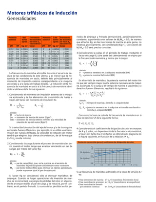 Motores trifásicos de inducción
Generalidades
Potencia J del Frecuencia Potencia J del Frecuencia
nominal motor de maniobra nominal motor de maniobra
apróx. en vacío Zo apróx. en vacío Zo
(maniobras/ (maniobras/
kW HP kg. m2 hora) kW HP kg. m2 hora)
0.12 1/6 0.0003 4.000 3 4 0.0058 2.500
0.18 1/4 0.0004 4.000 4 5.5 0.0110 2.000
0.25 1/3 0.0006 3.500 5.5 7.5 0.0212 1.400
0.37 1/2 0.0008 3.500 7.5 10 0.026 1.200
0.55 3/4 0.0015 3.000 11 15 0.051 1.100
0.75 1 0.0018 3.000 15 20 0.060 600
1.1 1.5 0.0027 3.500 18.5 25 0.147 300
1.5 2 0.0036 3.000 22 30 0.162 300
2.2 3 0.0052 2.800 30 40 0.3 240
La frecuencia de maniobra admisible durante el servicio se de-
duce de las condiciones de este último, y es menor que la fre-
cuencia de maniobra en vacío, debido esto principalmente al
momento de impulsión externo correspondiente a la máquina
accionada y a la carga de trabajo exigida. La reducción de la fre-
cuencia de maniobra en vacío a la frecuencia de maniobra admi-
sible se obtiene de la forma siguiente:
1.Considerando el momento de impulsión externo de la máqui-
na accionada y de los elementos de transmisión de fuerza a
través del factor del momento de impulsión Ks:
FI =
Jm Ks =
1
Jm + Jext. FI
siendo:
FI = factor de inercia
Jm = momento de inercia del motor (Kgm2)
Jext.= momento de inercia externo referido a la velocidad de
rotación del eje del motor (Kgm2)
Si la velocidad de rotación del eje del motor y la de la máquina
accionada fuesen diferentes, por ejemplo, si se utiliza una trans-
misión por ruedas dentadas, la velocidad de rotación del motor
tendrá que elegirse, bajo ciertas circunstancias, de tal forma que
Z=FI•zO resulte mínimo.
2.Considerando la carga durante el proceso de maniobra (es de-
cir, cuando el motor tenga que arrancar venciendo un par de
carga), por medio del factor Kg:
Kg = 1 –
ML
Mm
siendo:
ML = par de carga (Nm), que, en la práctica, en el servicio de
maniobra se podrá suponer casi siempre como constante.
Mm = par motor medio (Nm) (para efectuar un cálculo aproximado,
puede suponerse igual al par de arranque).
El factor Kg se considerará sólo al efectuar maniobras de
arranque. Cuando se hagan operaciones de inversión de mar-
cha, se incrementará la energía de pérdidas del rotor en el perío-
do de arranque debido al par de carga, y se reducirá, por el con-
trario, en el período frenado. La suma de las pérdidas en los pe-
ríodos de arranque y frenado permanecerá, aproximadamente,
constante, suponiendo unos valores de ML/Mm < 0.5, de manera
que el factor Kg. en las inversiones de marcha en esta gama, no
necesita, prácticamente, ser considerado (Kg=1). Con valores de
ML/Mm> 0.5 será preciso consultar.
3.Considerando la carga en el período de trabajo mediante el
factor de carga KL (una parte del calentamiento se origina por
la frecuencia de maniobra, y la otra por la carga):
KL = 1 –
P 2
(PN )
siendo:
P = potencia necesaria en la máquina accionada (kW)
PN = potencia nominal del motor (kW)
En el servicio de maniobra, la potencia nominal del motor tie-
ne que ser siempre mayor que la potencia necesaria en la máqui-
na accionada. Si la carga y el tiempo de marcha a izquierdas y a
derechas fuesen diferentes, resultaría lo siguiente:
KL = 1 –
tR • PR
2 + tL • PL
2
(tR + tL) • PN
2
siendo:
tR ; tL = tiempo de marcha a derecha o a izquierda (s)
PR ; PL = potencia necesaria en la máquina accionada marchando a
derecha o a izquierda (kW)
Con estos factores se calcula la frecuencia de maniobra en la
clase de servicio S7 de la siguiente forma:
Z' = Ks Kg KL ZO
4.Considerando el coeficiente de disipación de calor en motores
de 4 y 6 polos, en dependencia de la frecuencia de maniobra,
a través del factor Kw. Este factor se obtendrá del diagrama de
la figura siguiente, en función de la relación z'• zo.
5.La frecuencia de maniobra admisible en la clase de servicio S7
es:
• Para inversiones de marcha: z= kw•z' (maniobras de inversión hora)
• Para maniobras de arranque: z= f•kw•z' (maniobras de arranque/hora)
• Para maniobras de frenado
por corriente continua: z= 2.5•kw•z' (maniobras de frenado/hora)
Factor de corrección para el coeficiente de disipación de calor
0 0.2 0.4 0.6 0.9 1.0 z / z
1
1
k
1.0
0.9
0.8
W
π
π
De 4 polos
De 6 polos
 