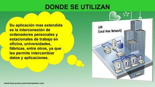 DONDE SE UTILIZAN
Su aplicación mas extendida
es la interconexión de
ordenadores personales y
estacionales de trabajo en
oficina, universidades,
fábricas, entre otros, ya que
les permite intercambiar
datos y aplicaciones.
 