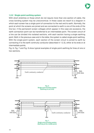 1.2.2 Single-point earthing system
With short stretches or those which do not require more than one section of cable, the
cross bonding system may be uneconomical. In these cases we resort to a diagram in
which each screen has a single point of connection to the rest and to earth, Normally, the
point at which the screens are joined and are connected to earth is one of the ends of the
line but, if the permanent screen voltages which appear in this case are excessive, the
earth connection point can be transferred to an intermediate point. The screen circuit of
a line can be divided into isolated sections, with each section having a single earthing
point. Both in the previous case and in the latter, the system is called single-point earthing.
With the single-point system, each section of the screen circuit is joined to earth by
connecting it to the earth continuity conductor (described in 1.2.3), either at its ends or at
intermediate points.
Fig. 6, Fig. 7 and Fig. 8 show typical examples of single-point earthing for lines of one or
two sections.
Fig. 6
Single point bonding system
(Earthing at one end)
10
SVL
link box
Fig. 7
Single point bonding system
(Earthing at the middle point)
Earth continuity conductor
Earth continuity conductor
SVL
link box
SVL
link box
 