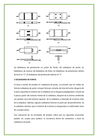 (a) Soldaduras de penetración en juntas de frente; (b) soldaduras de punto; (c)
Soldaduras de costura; (d) Soldaduras de filete; (e) Soldaduras de penetración abierta
de bisel en “J”; (f) Soldaduras de penetración abierta en “V
1 SOLDADURAS DE PUNTO.
En base a cientos de pruebas en soldaduras de punto, se encontró que los modos de
falla de soldaduras de punto incluyen falla por cortante del área de fusión, desgarre de
la placa siguiendo el contorno de la soldadura con el desgarre propagándose a través de
la placa a partir del extremo frontal de la soldadura, desgarre de la lámina combinada
con pandeo cerca del extremo opuesto de la soldadura y rebanado de la lámina atrás
de la soldadura. Además, algunas soldaduras fallaron en parte por desprendimiento de
la soldadura mientras que el material de la lámina se desgarraba y se deformaba fuera
de su propio plano.
Una evaluación de los resultados de pruebas indica que las siguientes ecuaciones
pueden ser usadas para predecir la resistencia última de conexiones a base de
soldaduras de punto.
 