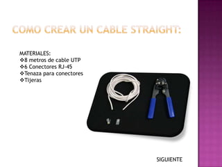 MATERIALES:
8 metros de cable UTP
6 Conectores RJ-45
Tenaza para conectores
Tijeras




                          SIGUIENTE
 