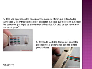 5. Una vez ordenados los hilos procedemos a verificar que están todos
alineados y los introducimos en el conector. En caso que no estén alineados
los cortamos para que se encuentren alineados. En caso de ser necesario
volver al paso 2.




                               6. Teniendo los hilos dentro del conector
                               procedemos a puncharlos con las pinzas
                               punchadotas.




SIGUIENTE
 