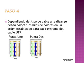  Dependiendo del tipo de cable a realizar se
 deben colocar los hilos de colores en un
 orden establecido para cada extremo del
 cable UTP.
  Punta Uno      Punta Dos




                                          SIGUIENTE
 