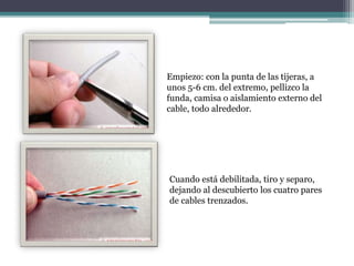Empiezo: con la punta de las tijeras, a
unos 5-6 cm. del extremo, pellizco la
funda, camisa o aislamiento externo del
cable, todo alrededor.
Cuando está debilitada, tiro y separo,
dejando al descubierto los cuatro pares
de cables trenzados.
 