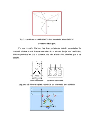 Aquí podemos ver como la tensión esta levemente adelantada 30°
Conexión Triangulo.
En una conexión triangulo las fases o bobinas estarán conectadas de
diferente manera ya que en esta fase o secuencia será un voltaje más desfasado,
también podemos ver que la conexión que van a tener será diferente que la de
estrella.
Esquema del modo triangulo y como va a ir conectado a las borneras
 