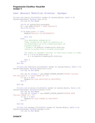 Programación Científica: Visual.Net
Unidad V

Leer (Buscar) Modificar Eliminar                  Agregar
Private Sub Leerlo_Click(ByVal sender As System.Object, ByVal e As
System.EventArgs) Handles Leer.Click
        Dim sql As New MySql

        Dim Dt As System.Data.DataTable
        Dt = sql.LEER("SELECT * FROM Tiposdoc")
        Dim A As String

        If Dt.Rows.Count = 0 Then
            MsgBox("Registro NO ENCONTRADO")

             Exit Sub
        Else
            'LOS RESULTADOS QUEDAN EN DT
            'Cada columna de la tabla se referncia en
            'Dt.Rows(numero de fila).ItemArray(numero de
            columna).toString
            ' Ejemplo: Dt.Rows(0).ItemArray(0).ToString
             'Seria la primer fila y columna encontrada

              'En cambio si deseamos recorrer la tabla para cargar un combo
              For x = 0 To Dt.Rows.Count - 1
                  A = Dt.Rows(x).ItemArray(0).ToString

            Next x
        End If
    End Sub

    Private Sub modificar_Click(ByVal sender As System.Object, ByVal e As
System.EventArgs) Handles Modificar.Click
        Dim sql As New MySql

        Dim res As Integer = sql.INSERT_UPDATE_DELETE("UPDATE tiposdoc
SET descripcion = 'nada' WHERE id= 1")
        If res = 0 Then
            MsgBox("No pude MODIFICAR EL REGISTRO")
        End If

    End Sub

    Private Sub eliminar_Click(ByVal sender As System.Object, ByVal e As
System.EventArgs) Handles Eliminar.Click
        Dim sql As New MySql
        Dim res As Integer = sql.INSERT_UPDATE_DELETE("DELETE FROM
Tiposdoc WHERE id = 1")
        If res = 0 Then
            MsgBox("No pude BORRAR EL REGISTRO")
        End If

    End Sub

    Private Sub agregar_Click(ByVal sender As System.Object, ByVal e As
System.EventArgs) Handles Agregar.Click
        Dim sql As New MySql


Unidad V
 