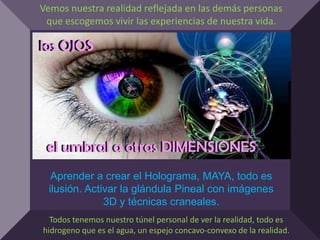 Vemos nuestra realidad reflejada en las demás personas que escogemos vivir las experiencias de nuestra vida. Aprender a crear el Holograma, MAYA, todo es ilusión. Activar la glándula Pineal con imágenes 3D y técnicas craneales.Todos tenemos nuestro túnel personal de ver la realidad, todo es hidrogeno que es el agua, un espejo concavo-convexo de la realidad.