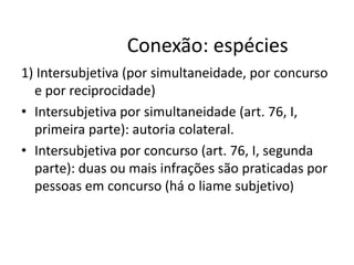 Conexão: espécies 
1) Intersubjetiva (por simultaneidade, por concurso 
e por reciprocidade) 
• Intersubjetiva por simultaneidade (art. 76, I, 
primeira parte): autoria colateral. 
• Intersubjetiva por concurso (art. 76, I, segunda 
parte): duas ou mais infrações são praticadas por 
pessoas em concurso (há o liame subjetivo) 
 