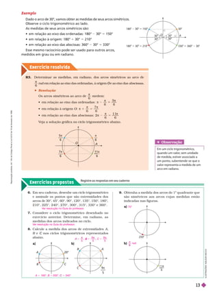 Exercício resolv ido
Exercícios propostos
Registre as respostas em seu caderno
Exemplo
Dado o arco de 30°, vamos obter as medidas de seus arcos simétricos.
Observe o ciclo trigonométrico ao lado.
As medidas de seus arcos simétricos são:
        30° 5 150°
      30° 5 210°
        30° = 330°
Esse mesmo raciocínio pode ser usado para outros arcos,
medidos em grau ou em radiano.
R3. Determinar as medidas, em radiano, dos arcos simétricos ao arco de

6
rad em relação ao eixo das ordenadas, à origem e ao eixo das
O abscissas.
 Resolução
Os arcos simétricos ao arco de

6
medem:
       
6
5
6
π 2
π π
     O
6
7
6
π 1
π
5
π
      2
6
1 1
6
π
5
π
V
eja a solução gráfica no ciclo trigonométrico abaixo.
O
A
5π
–––
7π
6
–––
11π
6
π
Obser vação
Em um ciclo trigonométrico,
quando um valor
, sem unidade
de medida, estiver associado a
um ponto, subentende-se que o
valor representa a medida de um
arco emradiano.
I
L
U
S
T
R
A
Ç
Õ
E
S
:
A
D
I
L
S
O
N
S
E
C
C
O
6. Em seu ca erno, esen e um cic o trigonométrico
e assinale os ontos ue são extremidades dos
arcos de 30°, 45°, 60°, 90°, 120°, 135°, 150°, 180°,
210°, 225°, 240°, 270°, 300°, 315°, 330° e 360°.
7. Considere o ciclo trigonométrico desenhado no
exercício anterior
. Deter mine, em radiano, as
medidas dos arcos indicados no ciclo.
8. Calcule a medida dos arcos de extremidades A
B e
B nos ciclos trigonométricos representados
C
abaixo.
V
er resolução no Guia do professor
.
V
er resolução no Guia do professor
.
A 20°
A
B
C 9π
5
9. Obtenha a medida dos arcos do 1
o
quadrante que
são simétricos aos arcos cujas medidas estão
indicadas nas figuras.
a) 70°
A
30°
30°
O
O
30°
30°
30°
180° 150°
180° 30 210° 330° 360° 30°
250°
11
6
b)
rad

A 5 160°, B 5 200°, 5 340°
C
5 5
6
5
5 5
B
4 
R
e
p
r
o
d
u
ç
ã
o
p
r
o
i
b
i
d
a
.
A
r
t
.
1
8
4
d
o
C
ó
d
i
g
o
P
e
n
a
l
e
L
e
i
9
.
6
1
0
d
e
1
9
d
e
f
e
v
e
r
e
i
r
o
d
e
1
9
9
8
.
13
 