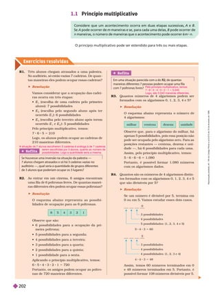 Exercícios resolv idos
Observe que, para o algarismo do milhar
, há
apenas 5 possibilidades, pois essa posição não
pode ser ocupada pelo algarismo zero. Para as
posições restantes — centena, dezena e uni-
dade —, há 6 possibilidades para cada uma.
Assim, pelo princípio multiplicativo, temos:
5 6 6 6 1.080
Portanto, é possível for mar 1.080 números
com os algarismos dados.
Assim, temos 60 números ter minados em 0
e 48 números ter minados em 5. Portanto, é
possível for mar 108 números divisíveis por 5.
R4. Quantos são os números de 4 algarismos distin-
tos for mados com os algarismos 0, 1, 2, 3, 4 e 5
que são divisíveis por 5?
 Resolução
Se um número é divisível por 5, ter mina em
0 ou em 5. V
amos estudar esses dois casos.
3 48
5
4 possibilidades: (1, 2, 3 e 4)
4 possibilidades
3 possibilidades
5 4 3 5 60
0
5 possibilidades: (1, 2, 3, 4 e 5)
4 possibilidades
3 possibilidades
6 5 4 3 2 1
Ref lita
Se houvesse uma inversão na situação da palestra —
7 alunos chegam atrasados e só há 3cadeiras vazias no
auditório —, qual seria a quantidade de grupos diferentes
de 3 alunos que poderiam ocupar os 3 lugares?
R1. Três alunos chegam atrasados a uma palestra.
No
auditório, só estão vazias 7 cadeiras. De quan
tas maneiras eles podem ocupar essas cadeiras?
 Resolução
V
amos considerar que a ocupação das cadei-
ras ocorra em três etapas:
 E
1
(escolha de uma cadeira pelo primeiro
aluno): 7 possibilidades
 E
2
(escolha pelo segundo aluno após ter
ocorrido E
1
): 6 possibilidades
 E
3
(escolha pelo terceiro aluno após terem
ocorrido E
1
e E
2
): 5 possibilidades
Pelo princípio multiplicativo, temos:
7 6 5 5 210
Logo, os alunos podem ocupar as cadeiras de
210 maneiras di erentes.
Observe que são:
       
meira poltrona;
     
     
     
     
    
Aplicando o princípio multiplicativo, temos:
6 5 4 3 2 1 5 720
Portanto, os amigos podem ocupar as poltro-
nas de 720 maneiras diferentes.
Ref lita
Em uma situação parecida com a do , de quantas
maneiras diferentes 7 pessoas podem ocupar uma fila
com 7 poltronas livres?
R2. Ao entrar em um cinema, 6 amigos encontram
uma fila de 6 poltronas livres. De quantas manei-
ras diferentes eles podem ocupar essas poltronas?
 Resolução
       
lidades de ocupação para as 6 poltronas.
R3. Quantos números de 4 algarismos podem ser
for mados com os algarismos 0, 1, 2, 3, 4 e 5?
 Resolução
      
4algarismos:
O princípio multiplicativo pode ser estendido para três ou mais etapas.
1.1 Princípio multiplicativo
Considere que um acontecimento ocorra em duas etapas sucessivas, A e B
Se A pode ocorrer de m maneiras e se, para cada uma delas, B pode ocorrer de
n maneiras, o número de maneiras que o acontecimento pode ocorrer é m n
Pelo princípio multiplicativo, temos:
7 6 5 4 3 2 1 5 5.040
Logo, são 5.040 maneiras diferentes.
A situação de 7 alu
A nos escolherem 3 cadeiras é análoga à de 7 cadeiras
serem escolhidas por 3 alunos, quanto ao número de
possibilidades. Logo a quantidade seria a mesma.
R
e
p
r
o
d
u
ç
ã
o
p
r
o
i
b
i
d
a
.
A
r
t
.
1
8
4
d
o
C
ó
d
i
g
o
P
e
n
a
l
e
L
e
i
9
.
6
1
0
d
e
1
9
d
e
f
e
v
e
r
e
i
r
o
d
e
1
9
9
8
.
202
 