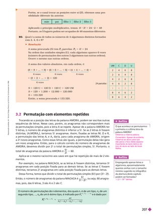 S 5 120 U 1 120 D 1 120 C 1 120 UM
S 5 120 1 1.200 1 12.000 1 120.000
S 133.320
Então, a soma procurada é 133.320.
(8 8 ... 8) (6 6 ... 6) (4 4 ... 4)
1 (2 1 2 1 ... 1 2) 5 120
6 vezes 6 vezes 6 vezes
6 vezes
A soma dos valores absolutos, em cada ordem, é:
3.2 Permutação com elementos repetidos
T
rocan -se a posição das letras da palavra AMORA, podem ser escritas outras
sequências de letras. Nesse caso, porém, os ana ramas não correspondem mais
às permutações simples, pois a letra A se repete. Apesar de a palavra AMORA ter
5 letras, o número de anagramas distintos é inferior a 5!. Se as 2 letras A fossem
distintas, (A
1
MORA
2
), teríamos 5! anagramas. Assim, fixadas as letras M, O e R,
a permutação das letras A
1
e A
2
daria, para cada anagrama de AMORA, origem
a2!novos anagramas. Como essas letras são iguais, a permutação delas não gera
um novo anagrama. Então, para o cálculo correto do número de anagramas de
AMORA, devemos dividir por 2! o total de permutações simples, 5!. Portanto, o
total de anagramas da palavra AMORA é
!
2!
5 60.
Aplica-se o mesmo raciocínio aos casos em que há repetição de mais de 2 ele-
mentos.
Por exemplo, na palavra MACACA, se as letras A fossem distintas, teríamos 3!
anagramas em cada posição fixada para as demais letras. Se as letras C fossem
distintas, teríamos 2! anagramas em cada posição fixada para as demais letras.
Dessa forma, temos que dividir o total de permutações simples (6!) por (3! 
2! .
Então, o número de anagramas da palavra MACACA é
6 !
!
2
, ou seja, 60 anagra-
mas, pois, das 6 letras, 3 são A e 2 são C.
Ref lita
que acontece se permutarmos
a primeira e a última letra da
Obtemos a mesma palavra.
Ref lita
Empregando apenas letras e
algarismos, aproximadamente
quantas senhas com o tamanho
mínimo sugerido no infográfico
da abertura deste capítulo
podem ser formadas?
q
14
senhas
O número de permutações de n elementos, dos quais n
1
é de um tipo, n
2
de um
segundo tipo, ..., n de um
k
k ésimo tipo, é indicado por
n
n
. . ,
e é dado por:
n
P
P
n
k
2
n
5
n
k
!
Porém, se o casal trocar as posições entre si(2!), obtemos uma pos-
sibilidade diferente da anterior
.
mãe pai filho 1 filho 2 filho 3
Aplicando o princípio multiplicativo, temos: 4! 2! 5 24 2 5 48
Portanto, os 5 lugares podem ser ocupados de 48 maneiras diferentes.
R9. Qual é a soma de todos os números de 4 algarismos distintos for mados
com 2, 4, 6 e 8?
 Resolução
A soma procurada (S ) tem
4
P
P parcelas:
4
P
P 54! 5 24
Na ordem das unidades simples (U), cada algarismo aparece 6 vezes
(número de permutações dos outros 3 algarismos nas outras ordens).
Ocorre o mesmo nas outras ordens.
UM C D U
2 4 6 8
2 6 4 8
6 8
4 6 2 8
8 4 6 2
8 6 4 2
24 parcelas
Comentário: Apesar de evidente,
instamos ao aluno para que
não perca o foco deste aspecto
importante do texto teórico do
livro do aluno ao lado do boxe
Reflita.
R
e
p
r
o
d
u
ç
ã
o
p
r
o
i
b
i
d
a
.
A
r
t
.
1
8
4
d
o
C
ó
d
i
g
o
P
e
n
a
l
e
L
e
i
9
.
6
1
0
d
e
1
9
d
e
f
e
v
e
r
e
i
r
o
d
e
1
9
9
8
.
207
 
