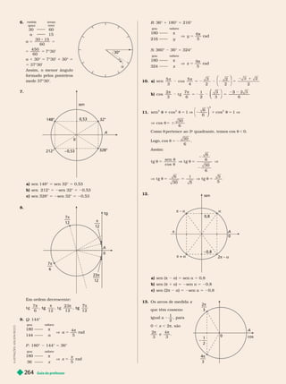 Guia do professor
264
L
U
S
T
R
A
Ç
Õ
E
S
:
A
D
I
L
S
O
N
S
E
C
C
O
30°

6.
medida
(grau)
empo
(min)
30 60
a 15

60
5 5
60
° 30’
450
7
a 1 30° 5 7°30’ 1 30° 5
5 37°30’
Assim, o menor ângulo
for mado pelos ponteiros
mede 37°30’.
7.
sen
– 0,53
212°
A
0
0,53
a) sen 148° 5 sen 32° 5 0,53
b) sen 212° 5 2sen 32° 5 20,53
c) sen 328° 5 2sen 32° 5 0, 3
8.
tg
7
12
—
–
23π
12
—
—
π
12
—
–
7π
6
—
–
A
0
Em ordem decrescente:
12 12
t g t g
7
9. Q: 144°
180 π
V a 5
π
4
5
rad
144 a
grau radiano
P : 180° 144° 5 36°
180 π
V x 5
π
5
rad
36 x
grau radiano
R: 36° 1 180° 5 216°
180 π
V y 5
π
6
5
rad
216 y
grau radiano
S: 360° 36° 5 324°
180 π
V z 5
π
9
5
rad
324 z
grau radiano
10. a) 5
⎛
⎝
⎛
⎛
⎝
⎝
⎞
⎞
5
3 4
3
2
2
2
1
2
b)
⎛
⎛
⎝
⎝
⎞
⎠
⎞
⎞
⎠
⎠
cos
2
3 6
1
2
3
3 6
5 5
3
11.
⎞
⎞
⎠
⎠
5
6
6
1
5
30
6
θ 1
θ 1
2
Como t pertence ao 3
o
quadrante, temos cos t , 0.
Logo, 5 2

cos
30
6
Assim:
5




t g
sen
cos
t g
6
6
30
6
5
5
5
12.
sen
0,8
– 0,8
A
0
π
π + a
π a
2π a
a
a) sen (π 2 a) 5 sen a 5 0,8
b) sen 1 a 5 2sen a 5 20,8
c) sen (2π 2 a) 5 2sen a 5 20,8
13. Os arcos de medidax
x
que têm cosseno
igual a
1
2
para
0 , x , 2π, são
2
3
e
3 cos
2
3
—
–
4
3
—
–
1
2
– —
 