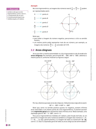 Exemplo
No ciclo trigonométrico, as imagens dos números reais 0,
π
4
π
π
3
2
e
π
2
podem
ser representadas assim:
Note ue:
            

            
imagens dos números
π
3
2
e
π
coincidem (E ).
F
F
2.2 Arcos côngruos
Arcos que têm a mesma extremi a e no cic o trigonométrico são c ama os e
arcos côngruos. Por exemplo, percorrendo 60°, 300°, 420° e 660°, obtemos o
mesmo ponto P, conforme mostram as figuras a seguir
.
P
ponto A
0
ponto B
π
4
pon o C
π
ponto D
π
3
ponto E
π
2
I
L
U
S
T
R
A
Ç
Õ
E
S
:
A
L
S
O
N
S
E
C
C
O
Obser vação
Lembre-se de que no ciclo
o comprimento de um arco
é numericamente igual à sua
medida angular
, em radiano.
Por isso, dizemos que esses arcos são côn ruos. Indicamos essa con ruência assim:
60° m 2300° m 420° m 2660°
Note que, tanto no sentido positivo quanto no negativo, existem infinitos
arcos associados a um mesmo ponto do ciclo trigonométrico. É possível escrever
uma expressão geral para representar esses infinitos arcos. Nesse exemplo, uma
expressão geral é: 60° 1 k 360°, com k Ñ Z
Para arcos trigonométricos medidos em radiano, pela função de Euler
, se um
ponto é a imagem de certo número
P t
, também é a imagem dos números
t t 6 2π
t 6 4π, ..., ou seja, genericamente, é a imagem de todos os números t 1 π
com Z. Essa é a expressão eral de todos os arcos côn ruos de extremidade
x
y
A
B
C
x
y
A
P
Arco de 60°
O x
y
A
P
Arco de 300°
O
x
y
A
P
Arco de 420°
O
x
y
A
P
Arco de 660°
O
R
e
p
r
o
d
u
ç
ã
o
p
r
o
i
b
i
d
a
.
A
r
t
.
1
8
4
d
o
C
ó
d
i
g
o
P
e
n
a
l
e
L
e
i
9
.
6
1
0
d
e
1
9
d
e
f
e
v
e
r
e
i
r
o
d
e
1
9
9
8
.
28
 