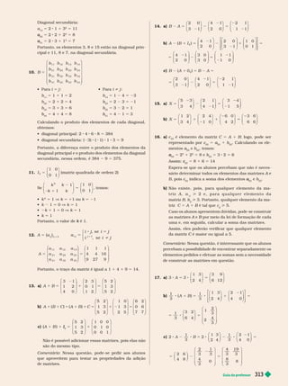 Guia do professor 313
Diagonal secundária:
a
13
5 2 1 1 3
2
5 11
22
a
a 5 2 2 1 2
2
5 8
31
a
a 5 2 3 1 1
2
5 7
Portanto, os elementos 3, 8 e 15 estão na diagonal prin-
cipal e 11, 8 e 7, na dia onal secundária.
10.
⎛
⎝
⎞
⎠
5
B
b b b b
b b b b
b b b b
b b b b
11 12 13 14
21 22 23 24
31 32 33 34
41 42 43 44
  i 5 j   i j
b
11
5 1 1 1 5 2 b
14
5 1 4 5 23
b
22
5 2 1 2 5 4 b
23
5 2 3 5 21
b
33
5 3 1 3 5 6 b
32
5 3 2 5 1
b
44
b 5 4 1 4 5 8 b
41
b 5 4 1 5 3
Calculando o produto dos elementos de cada diagonal,
obtemos:
    4 6 8 5 384
   3) ( 1) 1 5
Portanto, a diferença entre o produto dos elementos da
diagonal principal e o produto dos elementos da diagonal
secundária, nessa ordem, é 384 9 5 375.
11. I
2
5
1 0
0 1
⎛
⎝
⎞
⎠
(matriz quadrada de ordem 2)
Se
k k
k k
2
1 0
0 1
1
1
2 1
5
⎛
⎝
⎞
⎠
⎛
⎝
⎞
⎠
, temos:
 k
2
5 1 V k 5 11 ou k 5 21
 k 1 5 0 V k 5
 k 1 5 0 V k 5 1
 k 5 1
Portanto, o valor de é 1.
k
12. 5 (a
j
i
)
3 3 3
5
8 5
i
1
a
i j i j
i i j
j j
⎧
⎨
⎩
, se
, se
1
5 5
A
a a a
a a a
a a a
⎛
⎝
⎞
⎠
⎛
⎝
⎞
⎠
1 1 1
4 4 16
9 27 9
11 12 13
21 22 23
31 32 33
Portanto, o traço da matriz é igual a 1 1 4 1 5 14.
13. a) 1 5 1 5
3 1
1 2
4 0
2 3
0 1
1 2
5 2
1 3
5 2
A B
⎛
⎝
⎞
⎠
⎛
⎝
⎞
⎠
⎛
⎝
⎞
⎠
⎛
⎝
⎞
⎠
⎛
⎝
⎞
⎠
⎛
⎝
⎞
⎠
1 1 5 1 1 5 1 2 5
A B C A B C
( ) ( )
5 2
1 3
5 2
1 0
1 3
2 5
6 2
0 6
7 7
c) (A
(
( 1 B ) 1
3
I
I 5 1
5 2
1 3
5 2
1 0 0
0 1 0
0 0 1
⎛
⎝
⎞
⎠
⎛
⎝
⎞
⎠
Não é possível adicionar essas matrizes, pois elas não
são do mesmo tipo.
Comentário: Nessa questão, pode-se pedir aos alunos
que aproveitem para testar as propriedades da adição
de matrizes.
14. a) B A
2 0
3 1
4 1
2 0
2 1
1 1
2 5 5
⎛
⎝
⎞
⎠
⎛
⎝
⎞
⎠
⎛
⎝
⎝
⎞
⎠
b) 2 1 5 1 5
5 2 5
( )
4 1
2 0
2 0
3 1
1 0
0 1
4 1
2 0
3 0
3 0
1 1
1 0
2
A B I
⎛
⎝
⎞
⎠
⎛
⎝
⎞
⎠
⎛
⎝
⎞
⎠
⎡
⎣
⎤
⎦
⎛
⎝
⎞
⎠
⎛
⎝
⎞
⎠
⎛
⎝
⎞
⎠
c) B A B A
( )
2 0
3 1
4 1
2 0
2
2 1 5 2 5
5
0
⎛
⎝
⎞
⎠
⎛
⎛
⎝
⎞
⎠
⎛
⎝
⎞
⎠
2 1
1 1
5
15. a) X
5 3
3 4
2 1
4 1
3 4
1 5
5 5
⎛
⎝
⎞
⎠
⎛
⎝
⎞
⎠
⎛
⎝
⎞
⎠
b) X
3 4
2 4
1
6 0
4 2
5 1 1
1 2
0
⎛
⎝
⎞
⎠
⎛
⎝
⎞
⎠
⎛
⎝
⎞
⎠
5
5
3 6
6 6
⎛
⎝
⎞
⎠
16. a) c
22
é elemento da matriz C 5 1 B; logo, pode ser
representado por c
22
c
c 5 a
22
a
a 1 b
22
. Calculando os ele-
mentos a
22
a
a e b
22
, temos:
22
a
a 5 2 1 2 5 8 e b
22
5 3 2 5 6
Assim: c
c 5 8 1 6 5 14
Espera-se que os alunos percebam que não é neces-
sário deter minar todos os elementos das matrizes A e
A
B, pois c
22
c
c indica a soma dos elementos
22
a
a e b
22
b) Não existe, pois, para qua uer e emento a ma-
t r i z A , a
j
> 2 e , p a r a q u a l q u e r e l e m e n t o d a
matrizB b
j
i
> 3. Portanto, qualquer elemento da ma-
riz C 5 A 1 B é tal que
B c
j
i
> 5.
Caso os alunos apresentem dúvidas, pode-se construir
as matrizes A e
A B por meio da lei de for mação de cada
B
uma e, em seguida, calcular a soma das matrizes.
Assim, eles poderão verificar que qualquer elemento
da matriz C é maior ou igual a 5.
C
Comentário : Nessa questão, é interessante que os alunos
percebam a possibilidade de encontrar separadamente os
elementos pedidos e efetuar as somas sem a necessidade
de construir as matrizes em questão.
17. a) 3
4 12
3
1 3
2
3 9
6
8 5 8 5
A
⎛
⎝
⎞
⎠
⎛
⎝
⎞
⎠
b)
1
3
( )
1
3
1 3
2
2 1
4
8 1 5 8 1
A B
4 0
⎛
⎝
⎞
⎠
⎛
⎝
⎞
⎠
⎡
⎣
⎤
⎦
5
5 8 5
1
3
3 2
6
1
2
3
2
4 4
3
⎛
⎝
⎞
⎠
⎛
⎝
⎞
⎠
c)
⎛
⎝
⎞
⎠
⎛
⎝
⎞
⎠
8 2 8 5 8 2 8 5
A B
2
1
3
2
1 3
2 4
1
3
2 1
4 0
5 2 5
2 6
4 8
2
3
1
3
4
3
0
4
3
19
3
8
3
8
⎛
⎝
⎞
⎠
⎛
⎝
⎞
⎠
⎛
⎝
⎞
⎠
 