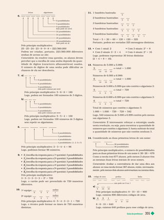 Guia do professor 331
6.
8 possibilidades
9 possibilidades
9 possibilidades
não pode ser zero
23 possibilidades
24 possibilidades
25 possibilidades
25 possibilidades
(não pode ser z)
z
letras algarismos
Pelo princípio multiplicativo:
25 25 24 23 9 9 8 5 223.560.000
Podem ser criadas, portanto, 223.560.000 diferentes
senhas de acesso ao site
Comentário: Ao resolver essa questão, os alunos devem
perceber que a escolha de uma senha depende da quan
tidade de dígitos (caracteres alfanuméricos) usados.
O número de dígitos de uma senha pode dificultar as
chances de ela ser descoberta.
7.
6 possibilidades
6 possibilidades
9 possibilidades:
(não pode começar por zero)
Pelo princípio multiplicativo: 5 6 6 180
Logo, podem ser for mados 180 números de 3 dígitos.
b)
4 possibilidades
5 possibilidades
5 possibilidades:
(não pode começar por zero)
Pelo princípio multiplicativo: 5 5 4 5 100
Logo, podem ser for mados 100 números de 3 dígitos
sem repetir os algarismos.
8.
2 possibilidades
3 possibilidades
4 possibilidades
4 possibilidades: (1, 3, 5 e 7)
Pelo princípio multiplicativo: 2 3 5 96
Logo, podemos for mar 96 números.
9.  (escolha da resposta para a 1
a
questão): 3 possibilidades
a

2
(escolha da resposta para a 2
a
questão): 3 possibilidades
a

3
E
E (escolha da resposta para a 3
a
questão): 3 possibilidades
a

4
E (escolha da resposta para a 4
4
a
questão): 3 possibilidades
a
 E
E (escolha da resposta para a 5
a
questão): 3 possibilidades
a

6
E
E (escolha da resposta para a 6
6
a
questão): 3 possibilidades
a
Pelo princípio multiplicativo:
3 3 3 3 3 3 5 3
6
5 729
Logo, o cartão po e ser preenc i o e 729 maneiras
diferentes.
10. melhor
1
a
equipe:
a
6 5 4 1
melhor
2
a
equipe:
a
3 2 1 1
Pelo princípio multiplicativo: 6 5 4 3 2 1 5 720
Logo, o técnico pode for mar os times de 720 maneiras
distintas.
11. 1 bandeira hasteada:
5
2 bandeiras hasteadas:
5
3 bandeiras hasteadas:
5 4 3
4 bandeiras hasteadas:
5 4 3 2
5 bandeiras hasteadas:
5 4 3 2 1
Total 5 5 1 20 1 60 1 120 1 120 5 325
Portanto, podem ser enviadas 325 mensagens distintas.
12.          
3
5 8
     2 5      
4
5 16
Logo, podemos representar 30 letras distintas
(2 1 4 1 8 1 16 .
13. Números de 5.000 a 5.999:
5 V total 1.000
10 10 10
Números de 6.000 a 6.999:
6 V total 5 1.000
10 10 10
Números de 5.000 a 5.999 que não contêm o algarismo 3:
5 V total 5 729
9 9 9
Números de 6.000 a 6.999 que não contêm o algarismo 3:
6 V total 5 729
9 9 9
Total de números que contêm o algarismo 3:
1.000 1 1.000 729 729 5 542
Logo, 542 números de 5.000 a 6.999 contêm pelo menos
um algarismo 3.
Comentário: É interessante reforçar a estratégia usada
nesta resolução, ou seja, para encontrar a quantidade de
números que contêm o algarismo 3, basta subtrair do total
a quantidade de números que não contêm nenhum 3.
14.        
26 possibilidades
26 possibilidades
Pelo princípio multiplicativo, o número de possibilidades
para as duas primeiras letras de um nome é: 26 26 5 676
          
as mesmas duas letras iniciais de seus nomes.
Comentário: Avaliar a conveniência de dar uma dica aos
alunos: se essa escola tivesse 367 alunos, então, necessaria-
mente, pelo menos dois alunos aniversariam na mesma data.
1 . código de área prefixo linha
não pode ser 0 ou 1
a)
8 10 10
Pelo princípio multiplicativo: 8 10 10 5 800
Logo, existem 800 diferentes códigos de área.
b) 4 1
8 8 10
8 8 10 5 640
Logo, existem 640 prefixos para esse código de área.
 