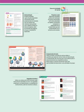Compreensão de texto
T
extos variados, extraídos de várias mídias, e
questões que exploram vários níveis de interpretação
e compreensão são recursos que o livro oferece para o
desenvol
vimento da competência leitora.
Nessa seção, os alunos encontram mais uma
oportunidade de desenvol
ver uma atividade em grupo.
Autoavaliação
Propõe atividades
cujassoluções dependem
unicamente da boa
compreensão do conte do.
T
raz um quadro que
relaciona cada questão
com o objetivo listado no
início do capítulo, além
da remissão das páginas
em que o conteúdo foi
explorado.
Ícone de atividade
em grupo
Sugestões de leitura
Indica-se a leitura de livros ficcionais cujos
temas foram estudados no livro. As sugestões
propiciam o enriquecimento e a ampliação do
conhecimento, além do incentivo à leitura.
Pesquisa e ação
Difer
entes atividades
pr
áticas de r
ealização
em grupo r
elacionadas
com o tema abor
dado
no ca tulo, envol
vendo
a pesquisa e a
elabor
ação de um
pr
oduto final, que ser
á
compartilhado com a
turma ou com a escola.
 