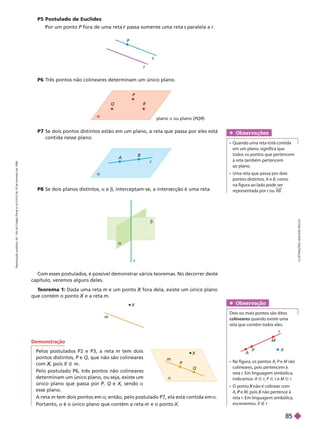 Demonstração
Pelos postulados P2 e P3, a reta m tem dois
pontos distintos, P e
P Q, que não são colineares
com , pois X É m
Pelo postulado P6, três pontos não colineares
determinam um único plano, ou seja, existe um
único plano que passa por P
P Q e X, sendo
X
X a
esse plano.
A reta m tem dois pontos em a; então, pelo postulado P7, ela está contida em
a
Portanto, a é o único plano que contém a reta e o ponto
I
L
U
S
T
R
A
Ç
Õ
E
S
A
D
L
S
O
N
S
E
C
C
O
P
s
r
P
Q
a
B
A
r
r
a
b
P5 Postulado de Euclides
or um ponto fora de uma reta passa somente uma reta
r s paralela a r
plano a ou plano (PQR
P8 Se dois planos distintos, a e b, interceptam-se, a intersecção é uma reta.
P Se dois pontos distintos estão em um plano, a reta que passa por eles está
contida nesse plano.
P6 T
rês pontos não colineares determinam um único plano.
Com esses postulados, é possível demonstrar vários teoremas. No decorrer deste
capítulo, veremos alguns deles.
T
eorema 1: Dada uma reta m e um ponto fora dela, existe um único plano
X
que contém o ponto e a reta
X m
Obser vações
    
em um plano, significa que
todos os pontos que pertencem
à reta também pertencem
aoplano.
      
pontos distintos, A e B, como
na figura ao lado pode ser
representada por ou AB
m
X

m
X
P
Q
r
P
A
M
X
     A e M são
colineares, pois pertencem à
reta r. Em linguagem simbólica,
indicamos: A Ñ r
r P Ñ r e
r M Ñ r
   não é colinear com
X
A e
P M, pois não pertence à
X
reta r. Em linguagem simbólica,
escrevemos: X É r
Obser vação
Dois ou mais pontos são ditos
colineares quando existe uma
reta que contém todos eles.
R
e
p
r
o
d
u
ç
ã
o
p
r
o
i
b
i
d
a
.
A
r
t
.
1
8
4
d
o
C
ó
d
i
g
o
P
e
n
a
l
e
L
e
i
9
.
6
1
0
d
e
1
9
d
e
f
e
v
e
r
e
i
r
o
d
e
1
9
9
8
.
 