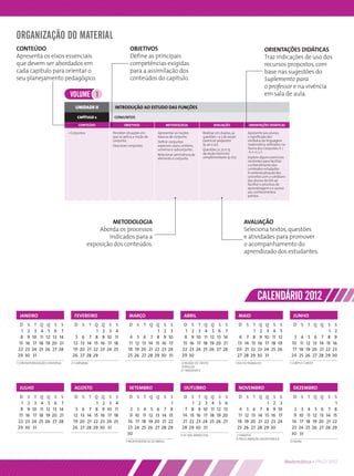 ORGANIZAÇÃO DO MATERIAL
CONTEÚDO                                                                        OBJETIVOS                                                                                        ORIENTAÇÕES DIDÁTICAS
Apresenta os eixos essenciais                                                   Deﬁne as principais                                                                              Traz indicações de uso dos
que devem ser abordados em                                                      competências exigidas                                                                            recursos propostos, com
cada capítulo para orientar o                                                   para a assimilação dos                                                                           base nas sugestões do
seu planejamento pedagógico.                                                    conteúdos do capítulo.                                                                           Suplemento para
                                                                                                                                                                                 o professor e na vivência
                                      VOLUME 1                                                                                                                                   em sala de aula.

                                         UNIDADE II                   INTRODUÇÃO AO ESTUDO DAS FUNÇÕES

                                          CAPÍTULO 2                  CONJUNTOS
                                            CONTEÚDO                        OBJETIVOS                    METODOLOGIA                          AVALIAÇÃO               ORIENTAÇÕES DIDÁTICAS

                                     • Conjuntos                     Perceber situações em          Apresentar as noções               Realizar, em duplas, as       Apresente aos alunos
                                                                     que se aplica a noção de       básicas de conjunto.               questões 1 a 5 da seção       o signiﬁcado dos
                                                                     conjunto.                      Deﬁnir conjuntos                   Exercícios propostos          símbolos da linguagem
                                                                     Descrever conjuntos.           especiais: vazio, unitário,        (p. 40 e 41).                 matemática utilizados na
                                                                                                    universo e subconjunto.            Questões 71, 72 e 73          Teoria dos Conjuntos: ,
                                                                                                                                       da seção Exercícios           , , , , ,
                                                                                                    Relacionar pertinência de
                                                                                                    elemento e conjunto.               complementares (p. 62).       Explore alguns exercícios
                                                                                                                                                                     resolvidos para facilitar
                                                                                                                                                                     o entendimento dos
                                                                                                                                                                     conteúdos estudados.
                                                                                                                                                                     A contextualização dos
                                                                                                                                                                     conceitos com o cotidiano
                                                                                                                                                                     dos alunos de EJA vai
                                                                                                                                                                     facilitar o processo de
                                                                                                                                                                     aprendizagem e o acesso
                                                                                                                                                                     aos conhecimentos
                                                                                                                                                                     prévios.




                                                            METODOLOGIA                                                                                             AVALIAÇÃO
                                                       Aborda os processos                                                                                          Seleciona textos, questões
                                                           indicados para a                                                                                         e atividades para promover
                                                   exposição dos conteúdos.                                                                                         o acompanhamento do
                                                                                                                                                                    aprendizado dos estudantes.




                                                                                                                                                                            CALENDÁRIO 2012
  JANEIRO                                FEVEREIRO                              MARÇO                                 ABRIL                                      MAIO                                JUNHO
 D     S    T    Q     Q    S    S       D S T Q Q S S                          D S T Q Q S S                         D     S      T    Q     Q    S S        D S T         Q     Q     S    S       D S T Q Q S S
  1    2    3    4     5    6    7                     1    2    3    4                             1    2    3        1    2      3    4     5   6 7                1      2     3    4     5                            1    2
  8    9   10    11   12   13   14      5    6 7       8    9   10    11        4     5    6 7      8    9   10        8    9     10    11   12   13 14        6 7 8        9    10    11   12       3    4 5 6 7         8    9
 15   16   17   18    19   20   21     12   13 14     15   16   17   18         11   12   13 14    15   16   17       15   16     17   18    19   20 21       13 14 15     16    17   18    19      10    11 12 13 14    15   16
22    23   24   25    26   27   28     19   20 21    22    23   24   25        18    19   20 21   22    23   24      22    23     24   25    26   27 28      20 21 22      23    24   25    26      17   18 19 20 21    22    23
29    30   31                          26   27 28    29                        25    26   27 28   29    30   31      29    30                                27 28 29      30    31                 24   25 26 27 28    29    30
1 CONFRATERNIZAÇÃO UNIVERSAL          21 CARNAVAL                                                                    6 PAIXÃO DE CRISTO                     1 DIA DO TRABALHO                      7 CORPUS CHRISTI
                                                                                                                     8 PÁSCOA
                                                                                                                    21 TIRADENTES




  JULHO                                  AGOSTO                                 SETEMBRO                              OUTUBRO                                    NOVEMBRO                            DEZEMBRO
 D     S    T    Q     Q    S    S       D S T Q Q S S                          D S T Q Q S S                         D S T Q Q S S                               D S T Q Q S                S       D S T Q Q S S
  1    2    3    4     5    6    7                     1    2    3    4                                        1             1     2    3     4 5 6                            1 2           3                              1
  8    9   10    11   12   13   14      5    6 7       8    9   10    11       2      3    4 5 6 7             8      7      8     9   10     11 12 13            4 5 6 7 8 9               10       2    3    4 5 6 7 8
 15   16   17   18    19   20   21     12   13 14     15   16   17   18        9     10    11 12 13 14        15     14     15    16   17    18 19 20             11 12 13 14 15 16         17       9   10    11 12 13 14 15
22    23   24   25    26   27   28     19   20 21    22    23   24   25       16     17   18 19 20 21        22      21    22     23   24    25 26 27            18 19 20 21 22 23          24      16   17   18 19 20 21 22
29    30   31                          26   27 28    29    30   31            23     24   25 26 27 28        29      28    29     30   31                        25 26 27 28 29 30                  23   24   25 26 27 28 29
                                                                              30                                    12 N. SRA. APARECIDA                      2 FINADOS                             30   31
                                                                                                                                                             15 PROCLAMAÇÃO DA REPÚBLICA
                                                                             7 INDEPENDÊNCIA DO BRASIL                                                                                             25 NATAL




                                                                                                                                                                                                 Matemática • PNLD 2012
 