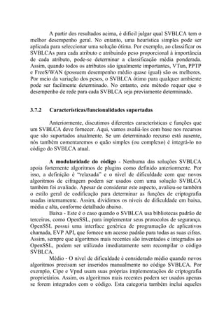 A partir dos resultados acima, é difícil julgar qual SVBLCA tem o
melhor desempenho geral. No entanto, uma heurística simples pode ser
aplicada para seleccionar uma solução ótima. Por exemplo, ao classificar os
SVBLCAs para cada atributo e atribuindo peso proporcional à importância
de cada atributo, pode-se determinar a classificação média ponderada.
Assim, quando todos os atributos são igualmente importantes, VTun, PPTP
e FreeS/WAN (possuem desempenho médio quase igual) são os melhores.
Por meio da variação dos pesos, o SVBLCA ótimo para qualquer ambiente
pode ser facilmente determinado. No entanto, este método requer que o
desempenho de rede para cada SVBLCA seja previamente determinado.
3.7.2 Características/funcionalidades suportadas
Anteriormente, discutimos diferentes características e funções que
um SVBLCA deve fornecer. Aqui, vamos avaliá-los com base nos recursos
que são suportados atualmente. Se um determinado recurso está ausente,
nós também comentaremos o quão simples (ou complexo) é integrá-lo no
código do SVBLCA atual.
A modularidade do código - Nenhuma das soluções SVBLCA
apoia fortemente algoritmos de plugins como definido anteriormente. Por
isso, a definição é “relaxada” e o nível de dificuldade com que novos
algoritmos de cifragem podem ser usados com uma solução SVBLCA
também foi avaliado. Apesar de considerar este aspecto, avaliou-se também
o estilo geral de codificação para determinar as funções de criptografia
usadas internamente. Assim, dividimos os níveis de dificuldade em baixa,
média e alta, conforme detalhado abaixo.
Baixa - Este é o caso quando o SVBLCA usa bibliotecas padrão de
terceiros, como OpenSSL, para implementar seus protocolos de segurança.
OpenSSL possui uma interface genérica de programação de aplicativos
chamada, EVP API, que fornece um acesso padrão para todas as suas cifras.
Assim, sempre que algoritmos mais recentes são inventados e integrados ao
OpenSSL, podem ser utilizado imediatamente sem recompilar o código
SVBLCA.
Médio - O nível de dificuldade é considerado médio quando novos
algoritmos precisam ser inseridos manualmente no código SVBLCA. Por
exemplo, Cipe e Vpnd usam suas próprias implementações de criptografia
proprietários. Assim, os algoritmos mais recentes podem ser usados apenas
se forem integrados com o código. Esta categoria também inclui aqueles
 