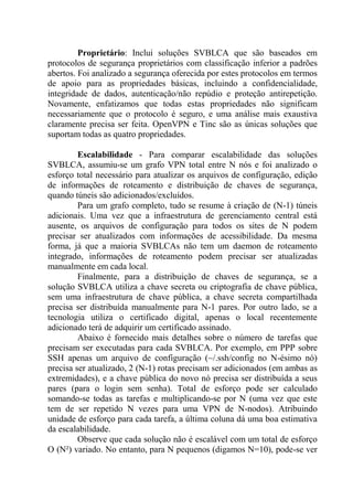 Proprietário: Inclui soluções SVBLCA que são baseados em
protocolos de segurança proprietários com classificação inferior a padrões
abertos. Foi analizado a segurança oferecida por estes protocolos em termos
de apoio para as propriedades básicas, incluindo a confidencialidade,
integridade de dados, autenticação/não repúdio e proteção antirepetição.
Novamente, enfatizamos que todas estas propriedades não significam
necessariamente que o protocolo é seguro, e uma análise mais exaustiva
claramente precisa ser feita. OpenVPN e Tinc são as únicas soluções que
suportam todas as quatro propriedades.
Escalabilidade - Para comparar escalabilidade das soluções
SVBLCA, assumiu-se um grafo VPN total entre N nós e foi analizado o
esforço total necessário para atualizar os arquivos de configuração, edição
de informações de roteamento e distribuição de chaves de segurança,
quando túneis são adicionados/excluídos.
Para um grafo completo, tudo se resume à criação de (N-1) túneis
adicionais. Uma vez que a infraestrutura de gerenciamento central está
ausente, os arquivos de configuração para todos os sites de N podem
precisar ser atualizados com informações de acessibilidade. Da mesma
forma, já que a maioria SVBLCAs não tem um daemon de roteamento
integrado, informações de roteamento podem precisar ser atualizadas
manualmente em cada local.
Finalmente, para a distribuição de chaves de segurança, se a
solução SVBLCA utiliza a chave secreta ou criptografia de chave pública,
sem uma infraestrutura de chave pública, a chave secreta compartilhada
precisa ser distribuída manualmente para N-1 pares. Por outro lado, se a
tecnologia utiliza o certificado digital, apenas o local recentemente
adicionado terá de adquirir um certificado assinado.
Abaixo é fornecido mais detalhes sobre o número de tarefas que
precisam ser executadas para cada SVBLCA. Por exemplo, em PPP sobre
SSH apenas um arquivo de configuração (~/.ssh/config no N-ésimo nó)
precisa ser atualizado, 2 (N-1) rotas precisam ser adicionados (em ambas as
extremidades), e a chave pública do novo nó precisa ser distribuída a seus
pares (para o login sem senha). Total de esforço pode ser calculado
somando-se todas as tarefas e multiplicando-se por N (uma vez que este
tem de ser repetido N vezes para uma VPN de N-nodos). Atribuindo
unidade de esforço para cada tarefa, a última coluna dá uma boa estimativa
da escalabilidade.
Observe que cada solução não é escalável com um total de esforço
O (N²) variado. No entanto, para N pequenos (digamos N=10), pode-se ver
 