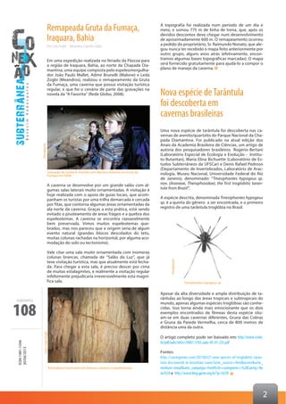 108
ISSN1981-1594
30/04/2013
número
2
A topografia foi realizada num período de um dia e
meio, e somou 775 m de linha de trena, que, após os
devidos descontos deve chegar num desenvolvimento
de aproximadamente 600 m. O remapeamento ocorreu
a pedido do proprietário, Sr. Raimundo Nonato, que ale-
gou nunca ter recebido o mapa feito anteriormente por
outro grupo, alguns anos atrás (efetivamente, encon-
tramos algumas bases topográficas marcadas). O mapa
será fornecido gratuitamente para ajudá-lo a compor o
plano de manejo da caverna.
Nova espécie deTarântula
foi descoberta em
cavernas brasileiras
Uma nova espécie de tarântula foi descoberta nas ca-
vernas de arenito/quartzito do Parque Nacional da Cha-
pada Diamantina. Foi publicado na atual edição dos
Anais da Academia Brasileira de Ciências, um artigo de
autoria dos pesquisadores brasileiros Rogério Bertani
(Laboratório Especial de Ecologia e Evolução - Institu-
to Butantan), Maria Elina Bichuette (Laboratório de Es-
tudos Subterrâneos da UFSCar) e Denis Rafael Pedroso
(Departamento de Invertebrados, Laboratório de Arac-
nologia, Museu Nacional, Universidade Federal do Rio
de Janeiro), denominado: “Tmesiphantes hypogeus sp.
nov. (Araneae, Theraphosidae), the first troglobitic taran-
tula from Brazil”.
A espécie descrita, denominada Tmesiphantes hypogeus
sp. é a quinta do gênero a ser encontrada, e o primeiro
registro de uma tarântula troglóbia no Brasil.
Apesar da alta diversidade e ampla distribuição de ta-
rântulas ao longo das áreas tropicais e subtropicais do
mundo, apenas algumas espécies troglóbias são conhe-
cidas. Isso torna ainda mais emocionante que os dois
exemplos encontrados de fêmeas desta espécie situ-
am-se em duas cavernas diferentes, Gruna das Cobras
e Gruna da Parede Vermelha, cerca de 800 metros de
distância uma da outra.
O artigo completo pode ser baixado em: http://www.scielo.
br/pdf/aabc/v85n1/0001-3765-aabc-85-01-235.pdf
Fontes:
http://cavingnews.com/20130327-new-species-of-troglobitic-taran-
tula-discovered-in-brazilian-caves?utm_source=feedburner&utm_
medium=email&utm_campaign=Feed%3A+cavingnews+%28Caving+Ne
ws%29 e http://www.blog.gpme.org.br/?p=4258
Remapeada Gruta da Fumaça,
Iraquara, Bahia
Por Leda Zogbi – Meandros Espeleo Clube
Em uma expedição realizada no feriado da Páscoa para
a região de Iraquara, Bahia, ao norte da Chapada Dia-
mantina, uma equipe composta pelo espeleomergulha-
dor João Paulo Mallet, Admir Brunelli (Malone) e Leda
Zogbi (Meandros), realizou o remapeamento da Gruta
da Fumaça, uma caverna que possui visitação turística
regular, e que foi o cenário de parte das gravações na
novela da “A Favorita” (Rede Globo, 2008).
A caverna se desenvolve por um grande salão com al-
gumas salas laterais muito ornamentadas. A visitação é
hoje realizada com o apoio de guias locais, que acom-
panham os turistas por uma trilha demarcada e cercada
por fitas, que contorna algumas áreas ornamentadas da
ala norte da caverna. Graças a esta prática, está sendo
evitado o pisoteamento de áreas frágeis e a quebra dos
espeleotemas. A caverna se encontra razoavelmente
bem preservada. Vimos muitos espeleotemas que-
brados, mas nos pareceu que a origem seria de algum
evento natural (grandes blocos descolados do teto,
muitas colunas rachadas na horizontal, por alguma aco-
modação do solo ou tectonismo).
Vale citar uma sala muito ornamentada com inúmeras
colunas brancas, chamada de “Salão da Luz”, que já
teve visitação turística, mas que atualmente está fecha-
da. Para chegar a esta sala, é preciso descer por cima
de muitas estalagmites, e realmente a visitação regular
infelizmente prejudicaria irreversivelmente esta magní-
fica sala.
Divulgação
Foto:LedaZogbi
Rachaduras horizontais em diversas colunas e espeleotemas.
Divulgação
Gravação da novela A Favorita com Mariana Ximenes na Gruta da
Fumaça em 2008.
	 Tmesiphantes-hypogeus-sp
 