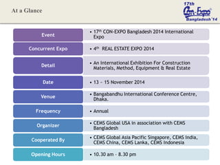 • 17th CON-EXPO Bangladesh 2014 International
ExpoEvent
• 4th REAL ESTATE EXPO 2014Concurrent Expo
• An International Exhibition For Construction
Materials, Method, Equipment & Real Estate
Detail
• 13 ~ 15 November 2014Date
• Bangabandhu International Conference Centre,
Dhaka.
Venue
• AnnualFrequency
• CEMS Global USA in association with CEMS
Bangladesh
Organizer
• CEMS Global Asia Pacific Singapore, CEMS India,
CEMS China, CEMS Lanka, CEMS Indonesia
Cooperated By
• 10.30 am – 8.30 pmOpening Hours
At a Glance
 