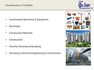 • Construction Machinery & Equipment
• Real Estate
• Construction Materials
• Construction
• Country Housing Landscaping
• Electricity & Electrical Engineering in Construction.
Classification of Exhibits
 
